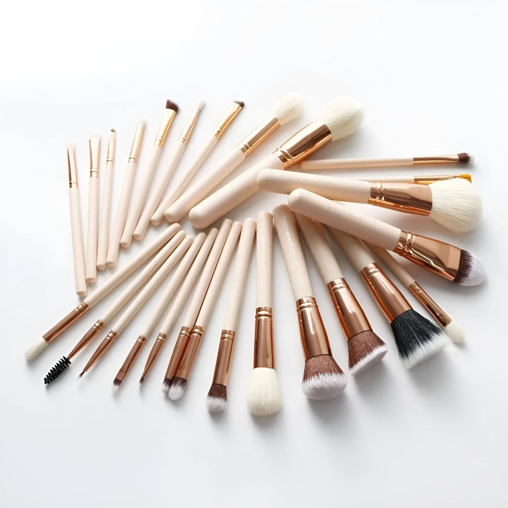 26-piece pink makeup brush set with wooden handles in PU storage case