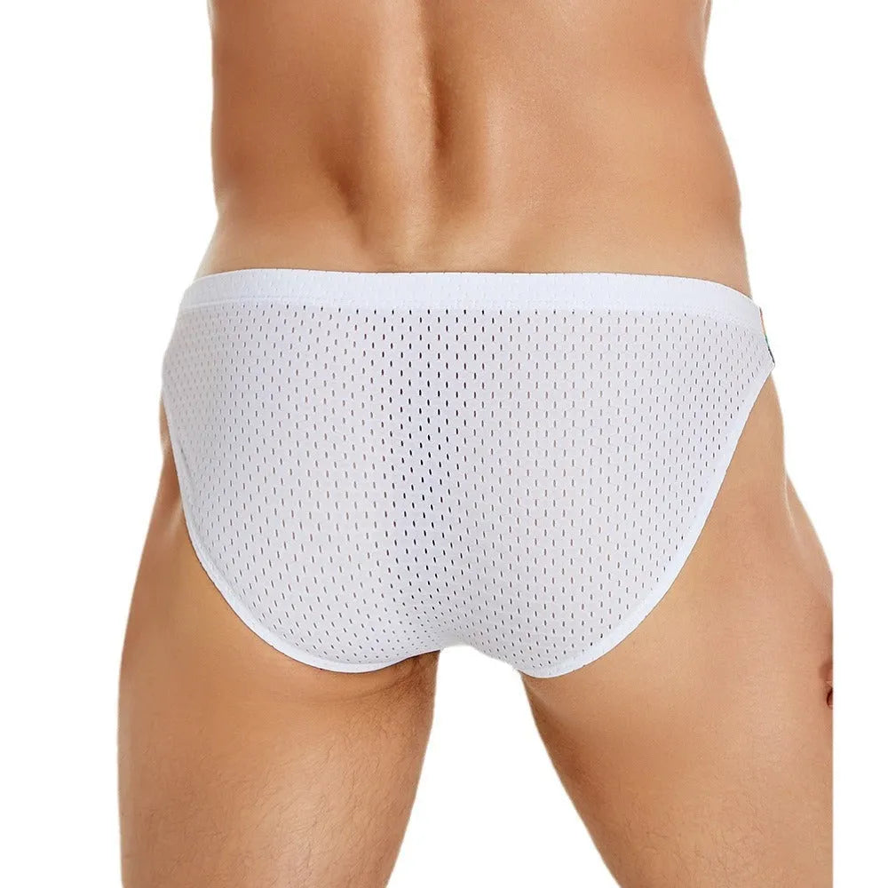 Men's nylon mesh briefs with low waist and rainbow waistband in black, white, and dark blue colours