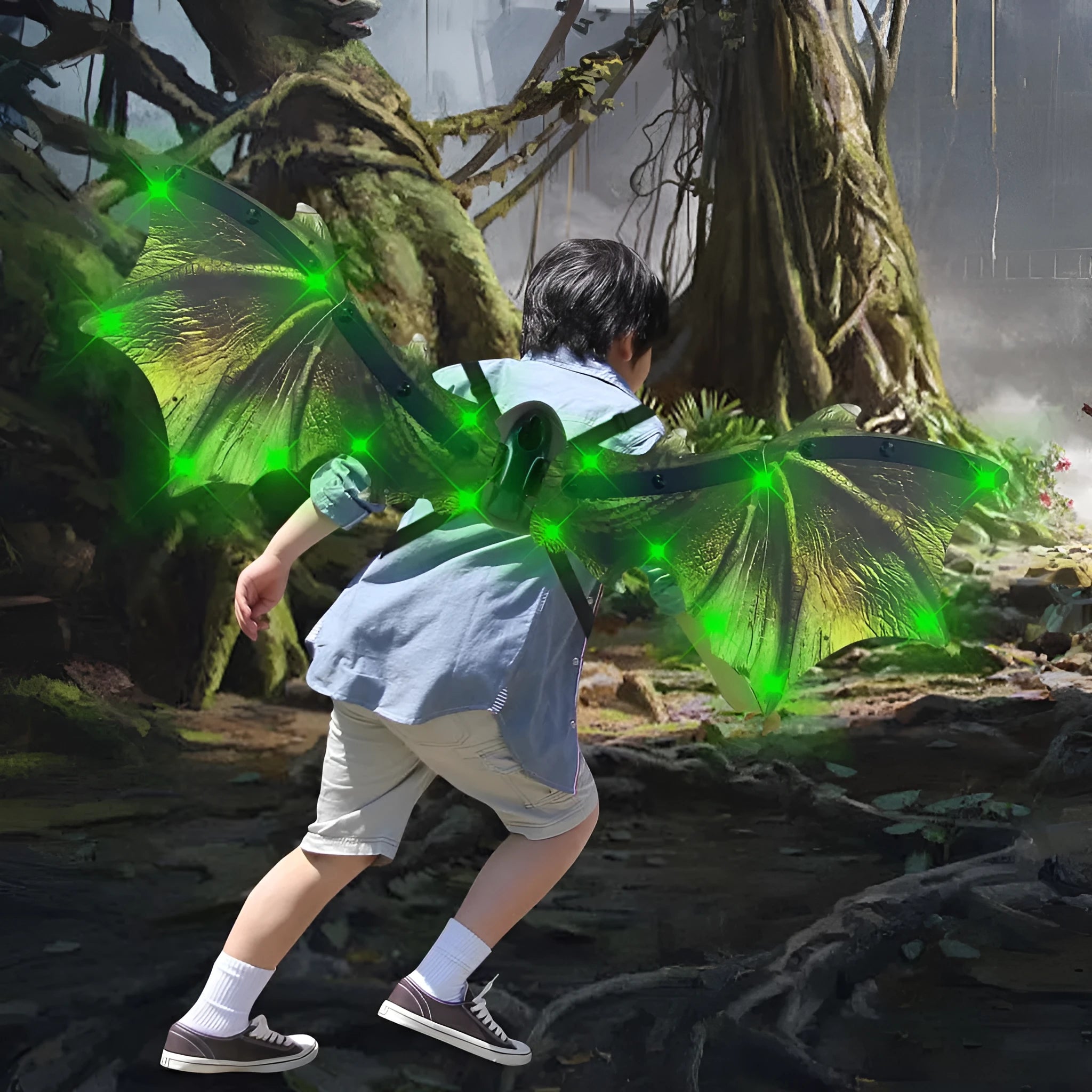 Children's luminous dinosaur butterfly wings toy, 85 cm plastic, green style, glowing effect