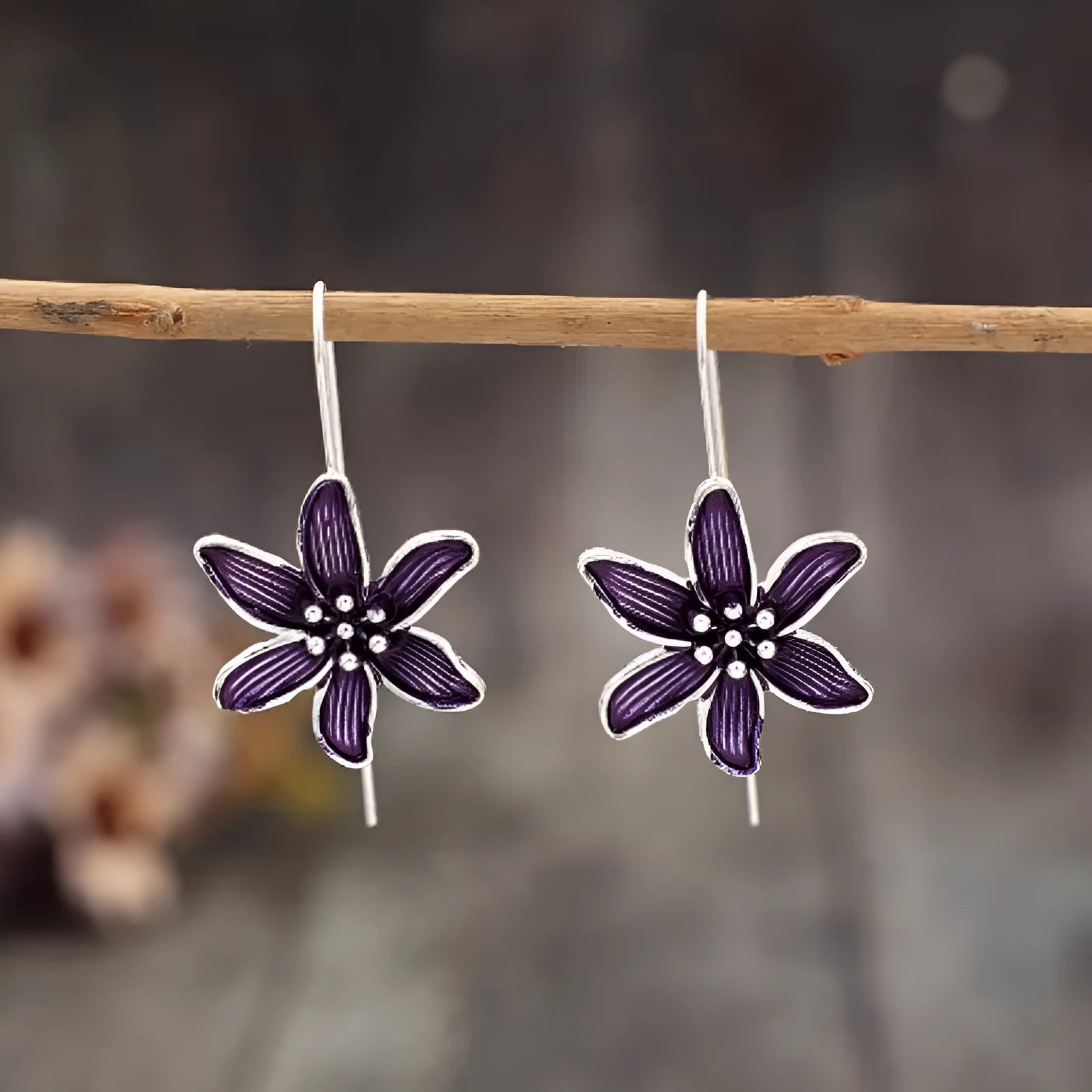 Purple flower-shaped alloy earrings with electroplated finish and butterfly back fastenings
