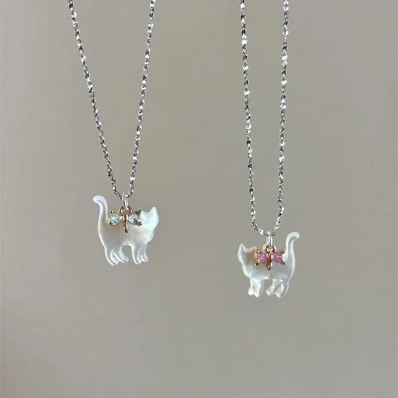 Cat pendant necklace with transparent rhinestones, silver plated water wave chain, white or pink colour option