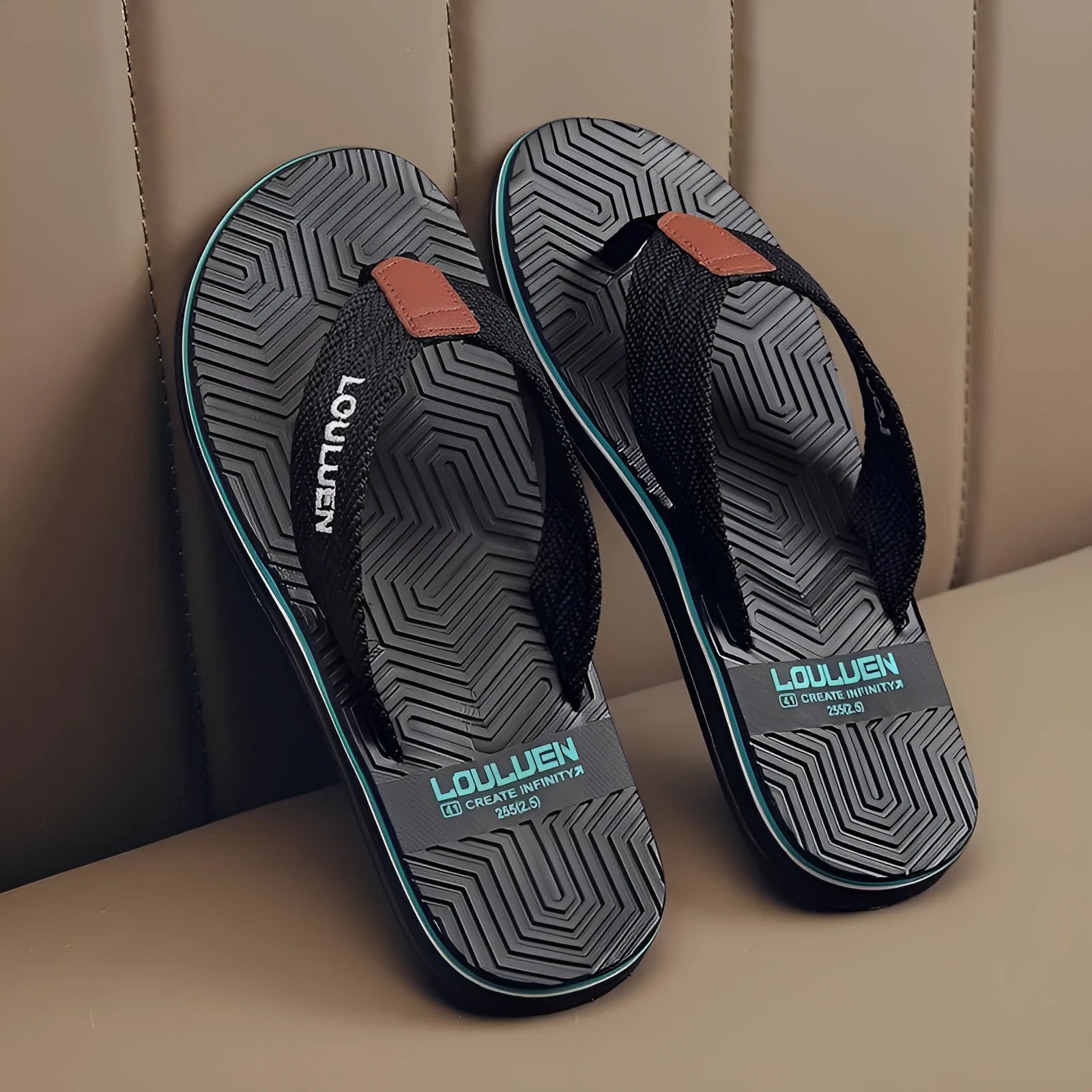 Men's black flip flops with non-slip sole and EVA upper on a beach background