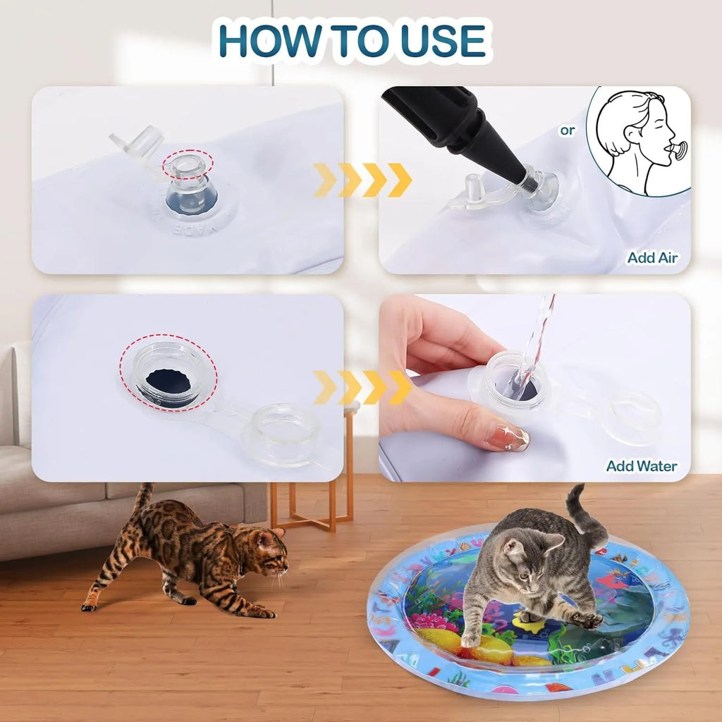 Square blue water sensory playmat for cats and dogs with ocean fish design and floating toys inside.