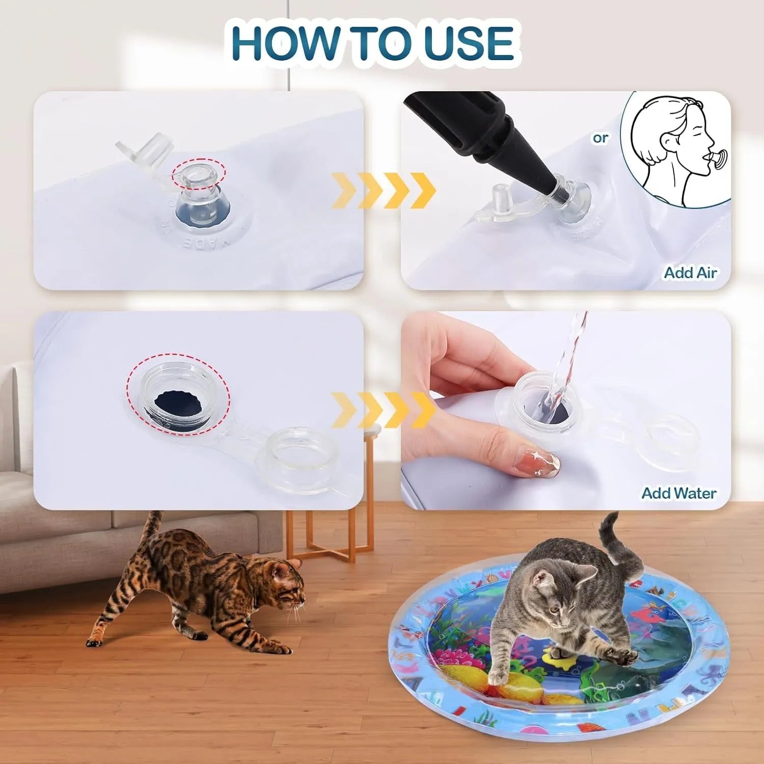 Square blue water sensory playmat for cats and dogs with ocean fish design and floating toys inside.