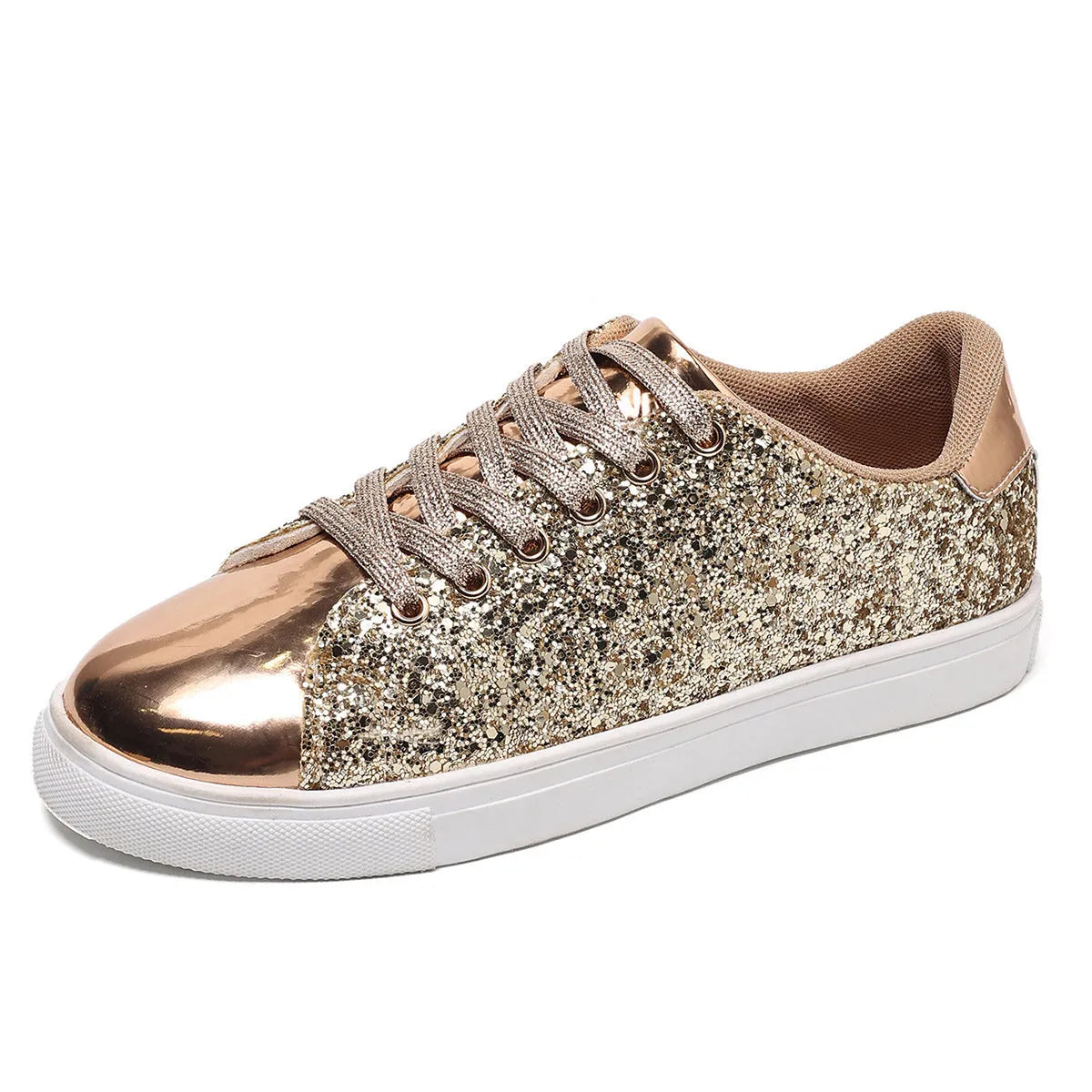 Women's plus size sequinned front lace-up board shoes in black, flat rubber sole.