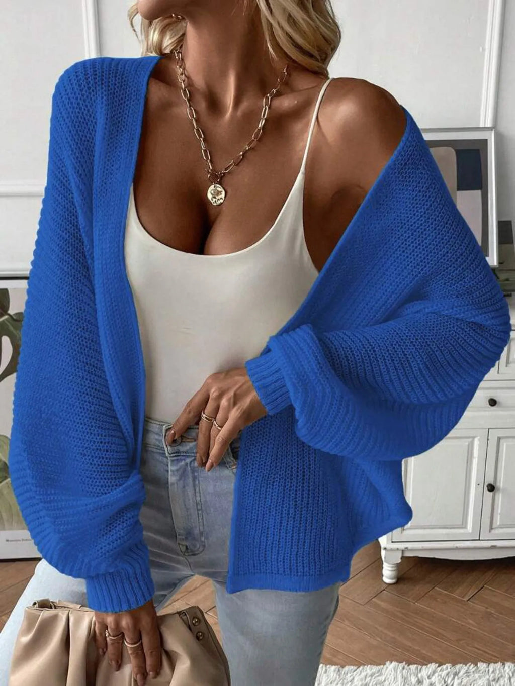Loose fit batwing sleeve cardigan in lightweight polyester fabric showing colour options