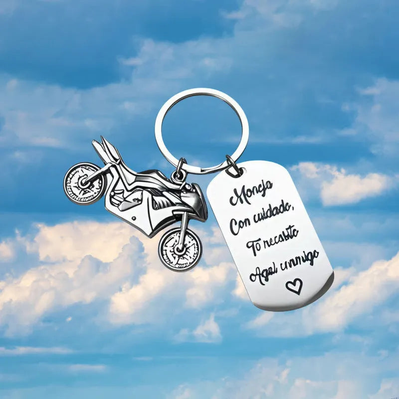Stainless steel motorcycle keychain with inspirational design and protective flannel drawstring bag
