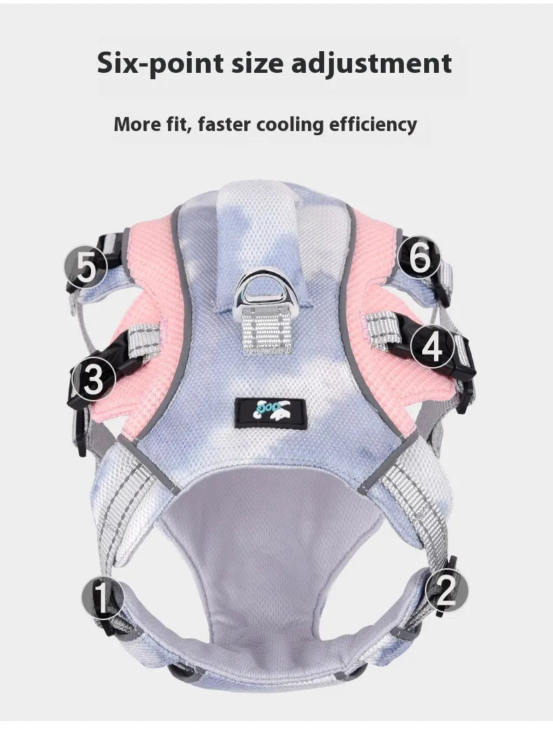 Reflective pet cooling chest strap harness for dogs in light blue, on a model.