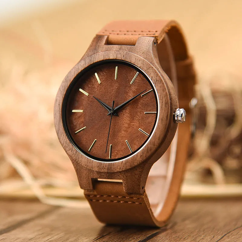 Wooden watch with brown wood strap, 43mm dial, mineral glass mirror, white dial, quartz movement