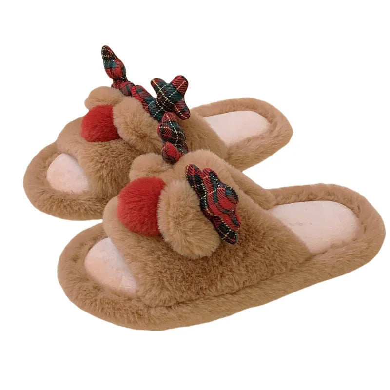 Brown deer cartoon design women's indoor slippers with suede upper and flip-flop style
