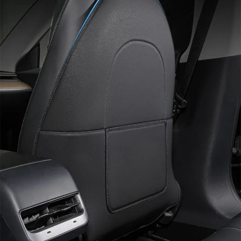 Two black leather rear seat anti kick pads measuring 68cm by 42cm for car seat back protection