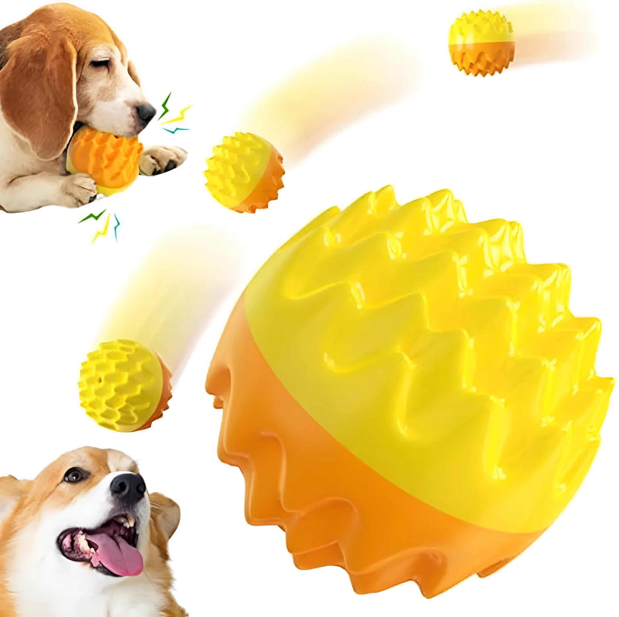 Blue and orange spiky rubber dog ball with squeaker for dental cleaning and water fetch