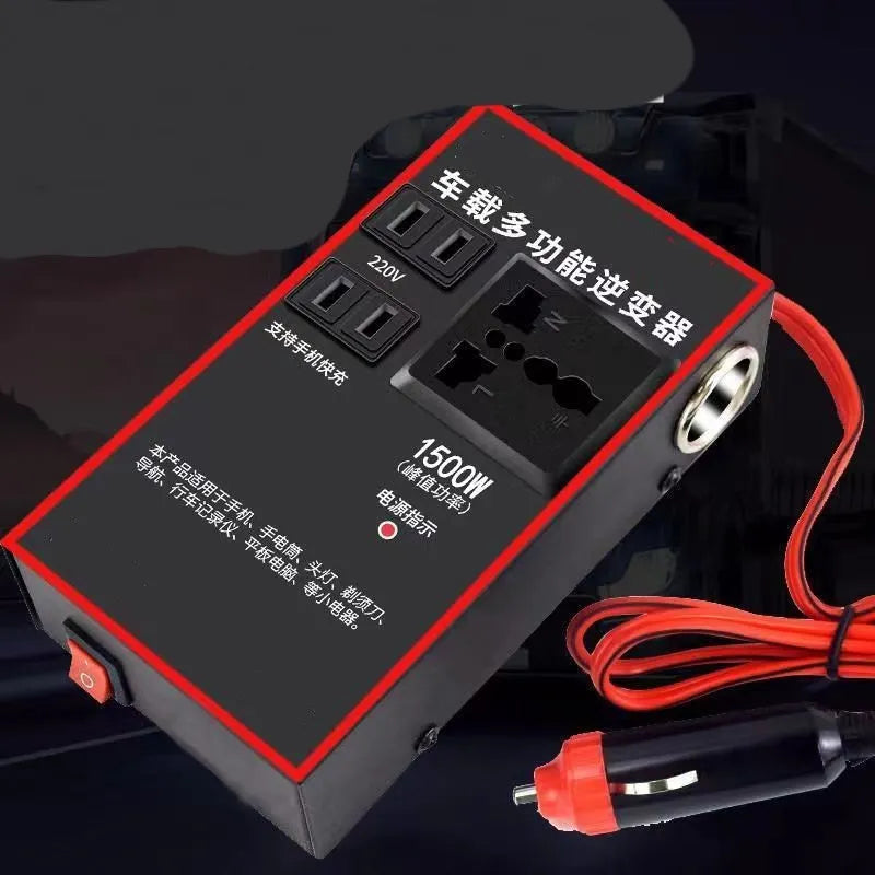 Black automotive power converter with 220V socket and four USB ports for 12V/24V vehicle systems
