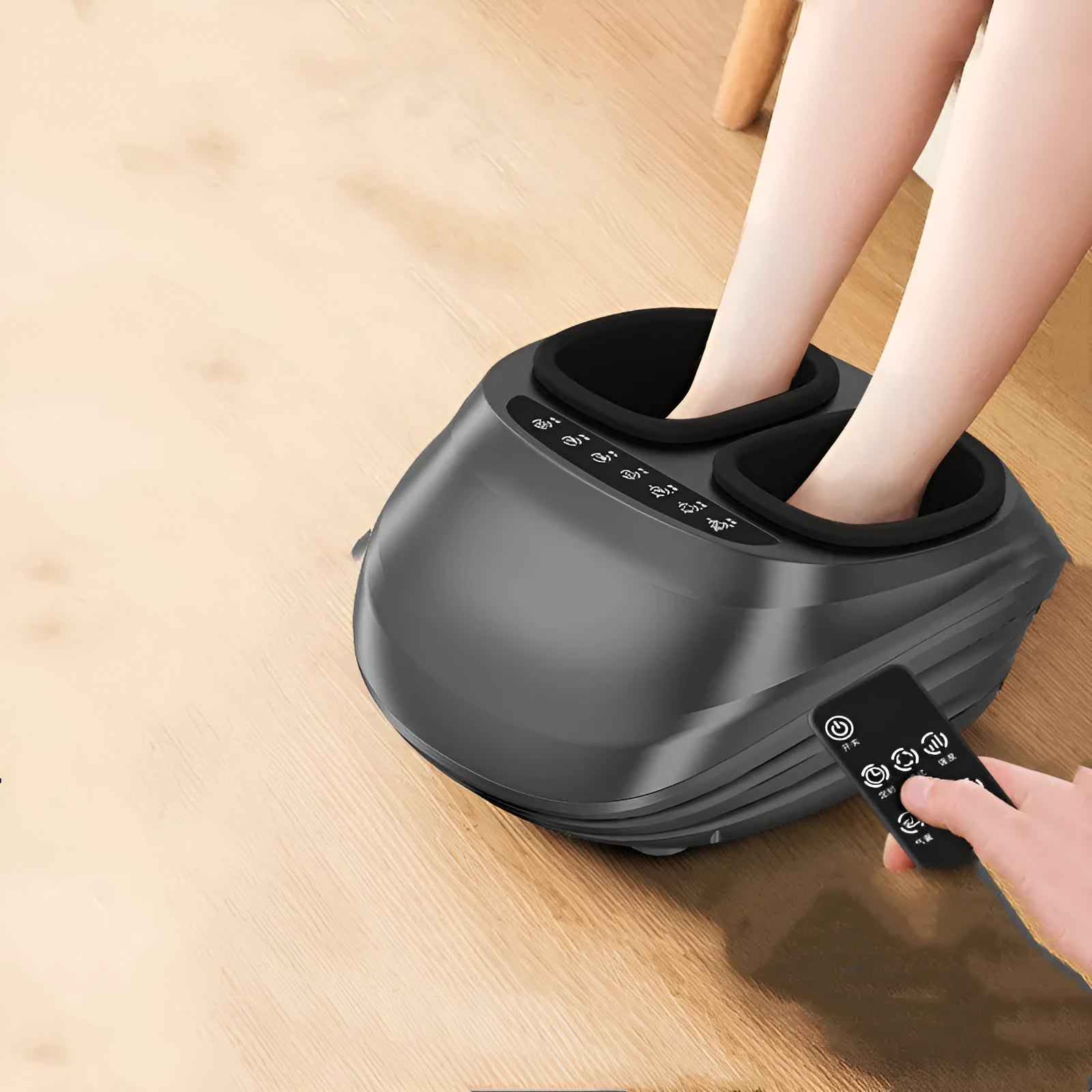 Black basic style foot massager with push-button control and removable washable cloth cover