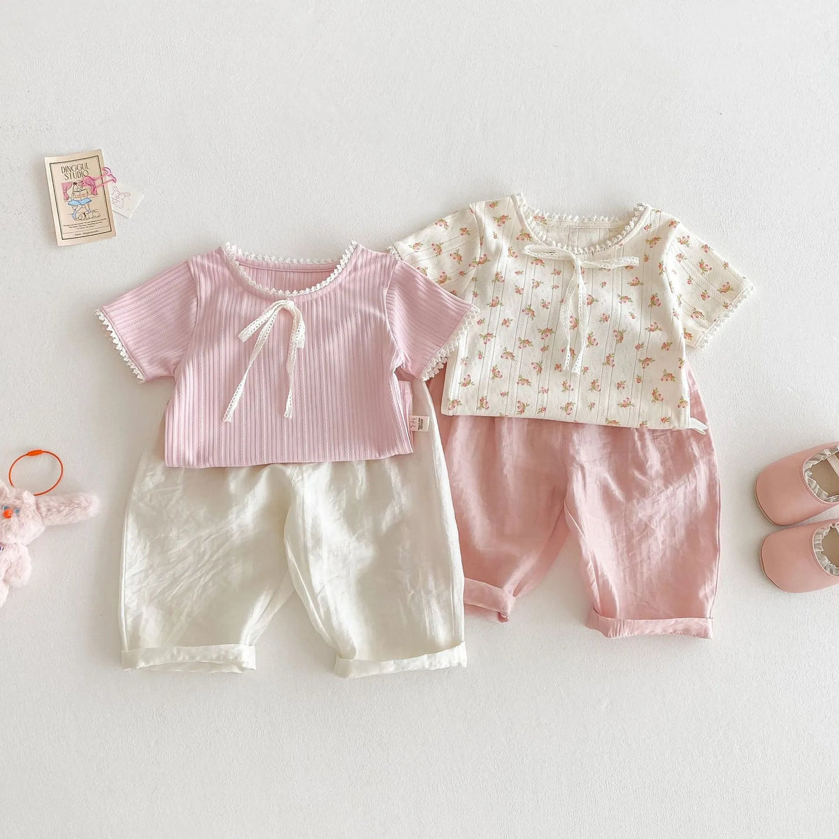Girls' bow anti-mosquito cotton casual trousers, mid waist, rubber pink or cream beige, heights 73-120cm