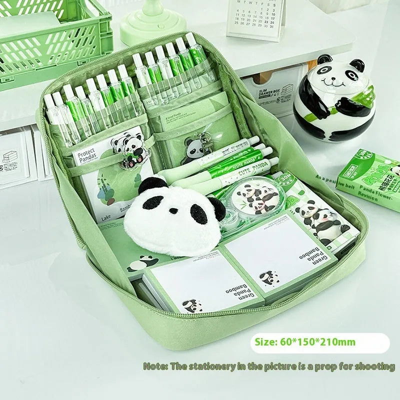 Green canvas panda pencil case with 12 internal storage layers for stationery organisation.