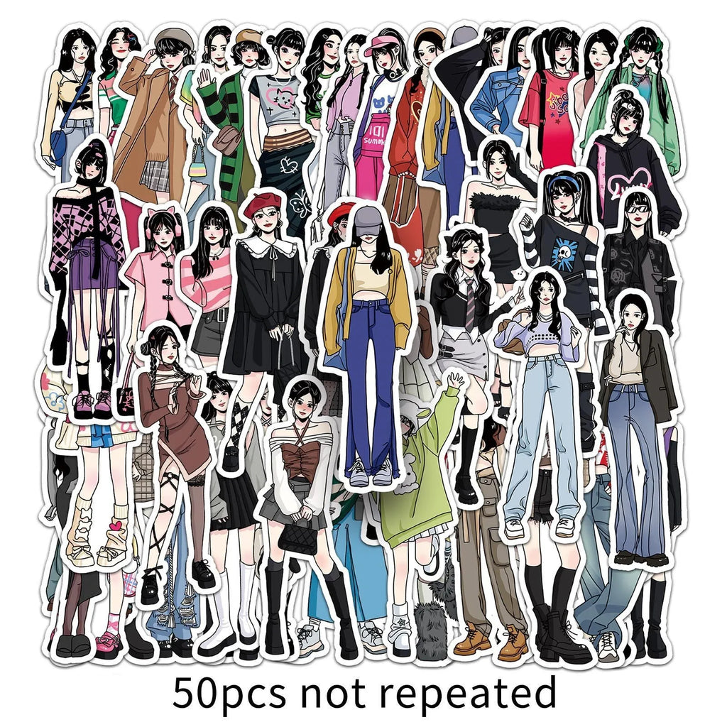 50 hand-painted graffiti cartoon stickers featuring fashion costume designs on a white background