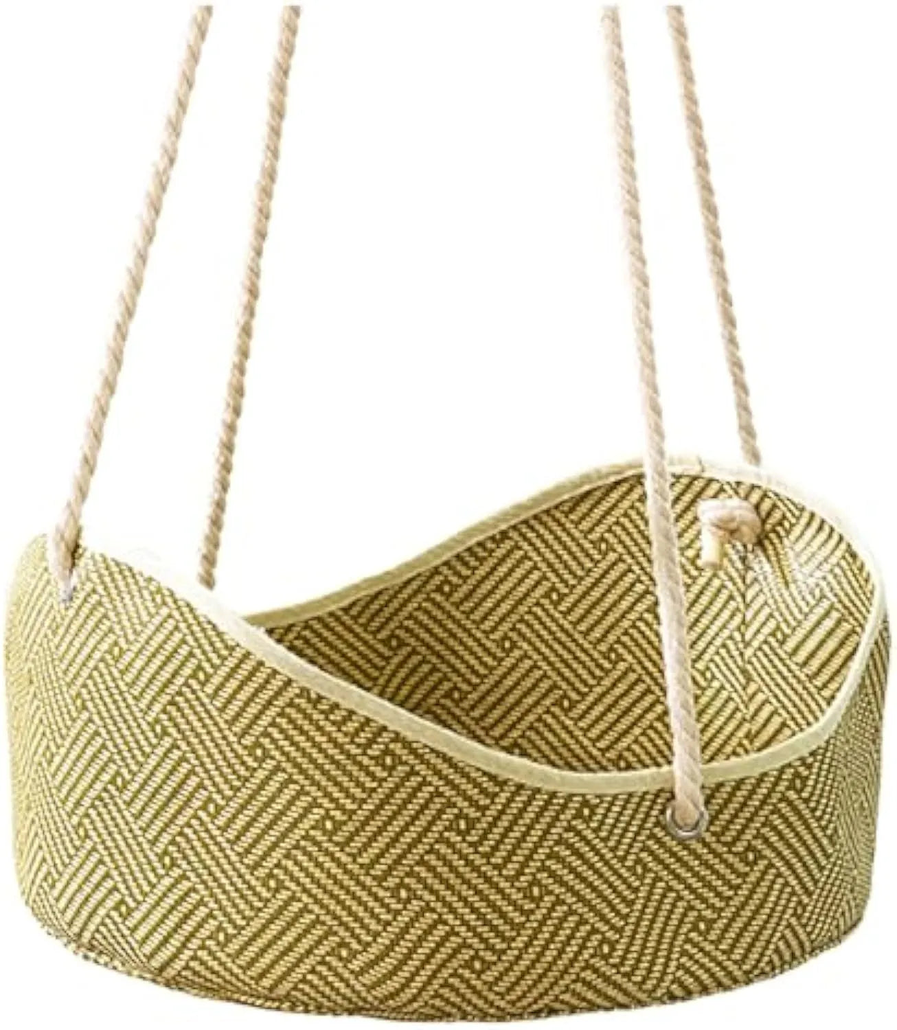 Green woven rattan cat hammock with metal hooks, hanging on a white shelf with a cat resting.