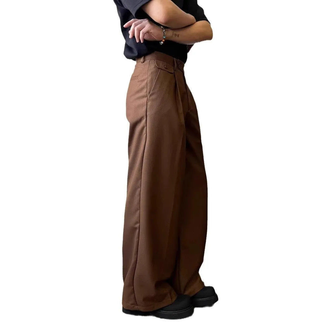 Men's straight loose wide-leg casual suit pants in black or brown draping polyester blend fabric
