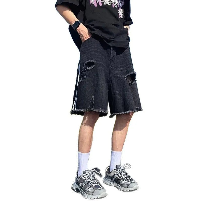 Men's retro ripped denim shorts with three-bar design, black, loose fit, cotton denim, fifth pants length