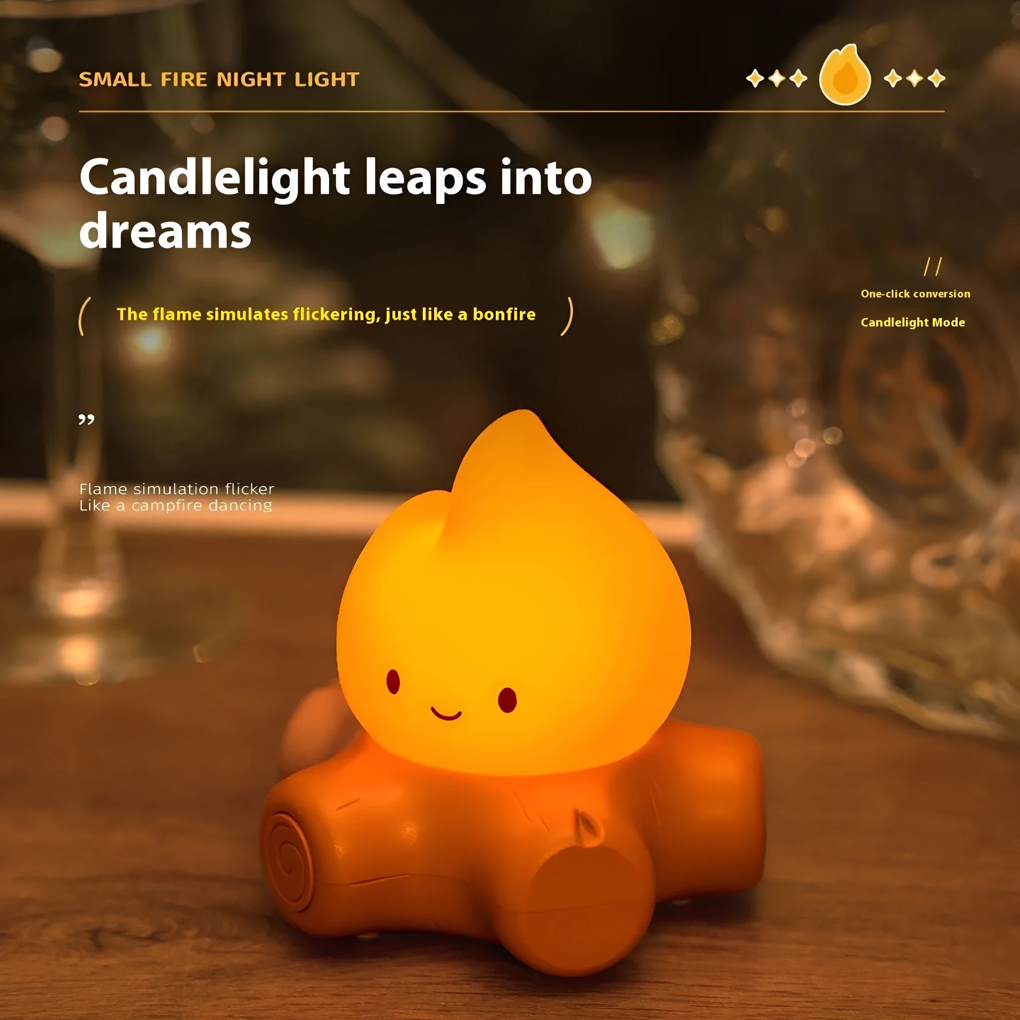 Silicone cartoon fire pile shaped night lamp with yellow glow, shown next to a USB charging cable.