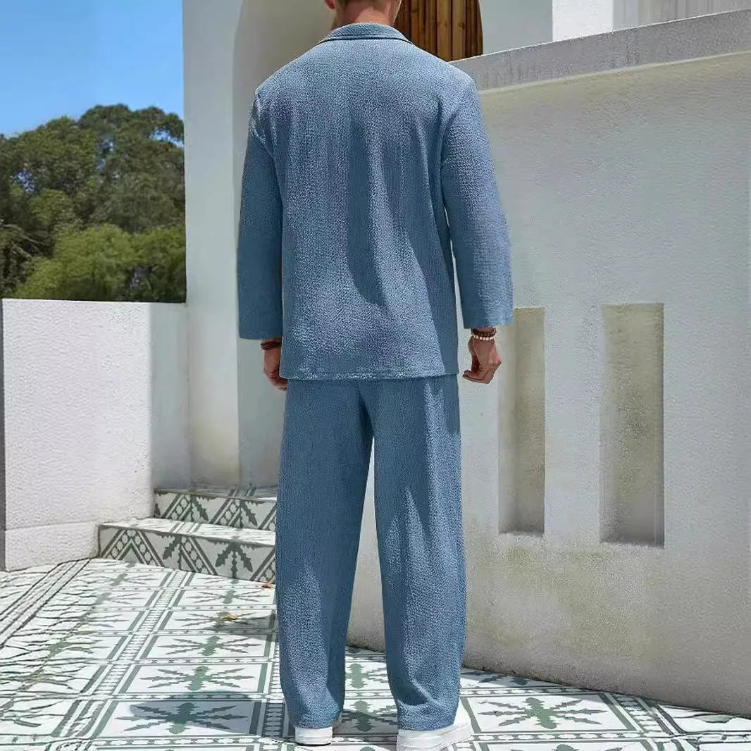 Men's casual shirt trousers suit set in polyester fabric for autumn commuting and leisure wear