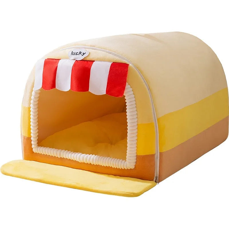 Painted dog bed with sponge filling in rock yellow-lucky colour, shown in L size 50x40x35cm