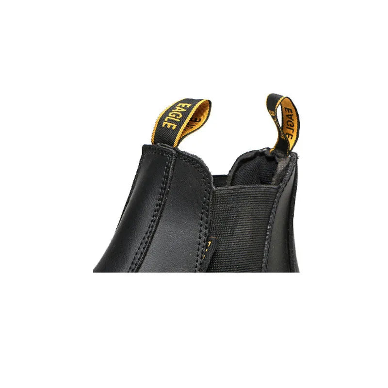 Black leather high-top safety work boots with anti-piercing soles on a white background