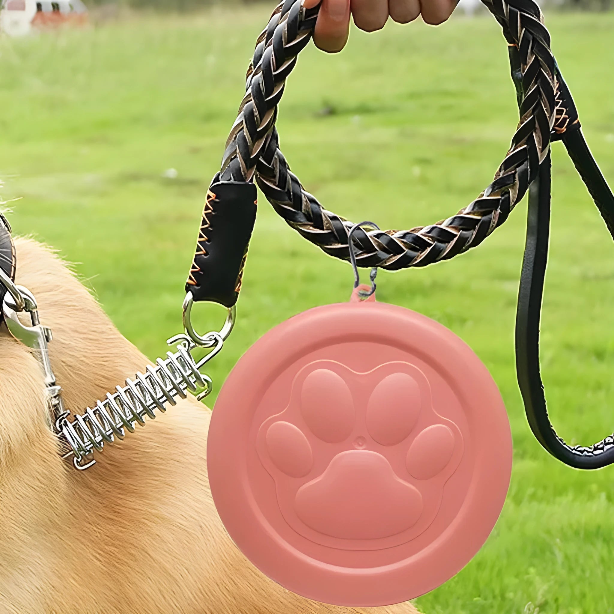 Portable outdoor dog bowl in light pink and green colour options, shown in L and S sizes