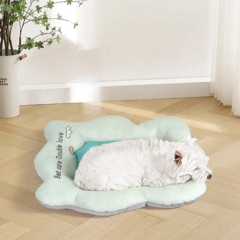 Ice silk pet cooling mat in green colour showing size options for dogs and cats