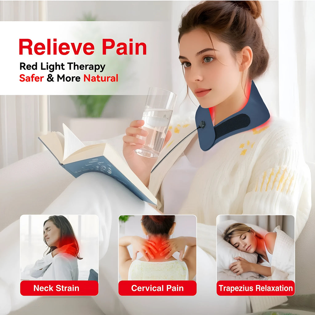 Red light therapy neck mask in dark sky blue with controller unit