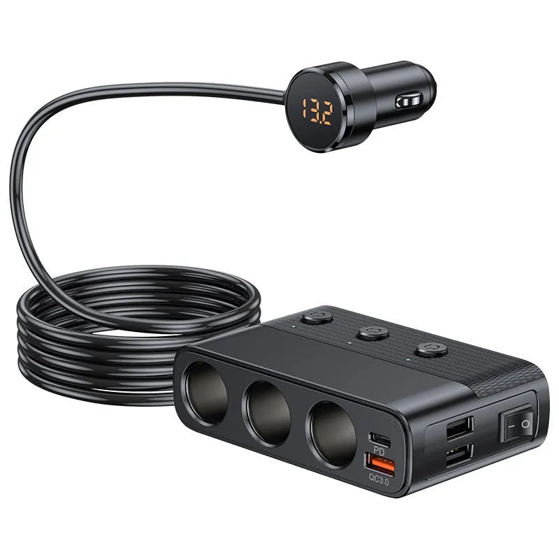 Black vehicle cigarette lighter charger with multiple USB ports and 1 metre cable for car charging