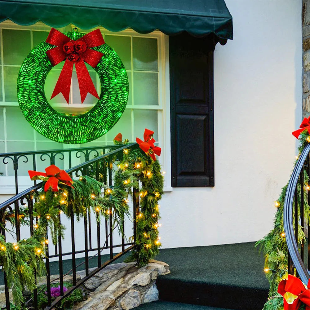 50cm handmade Christmas garland with gold and green bowknot, 140 LED lights, and battery-operated timer for door or wall display