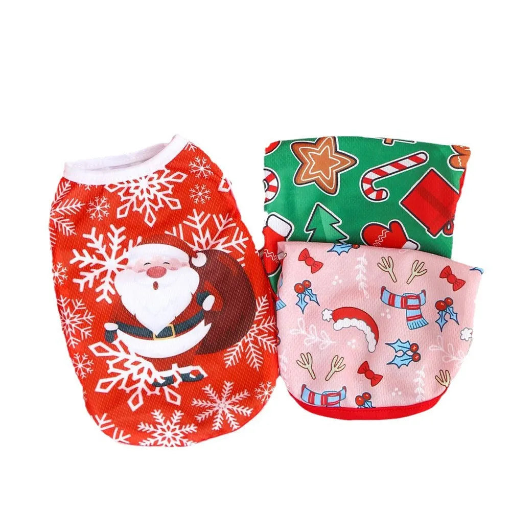 Christmas pet vest for small dogs and cats, non shedding polyester, short style, available in sizes XS to XXL with Santa and tree prints