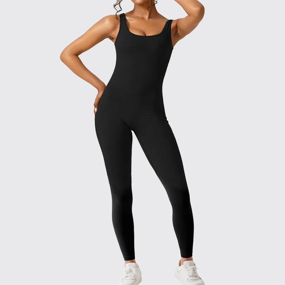 Women's sleeveless flare jumpsuit in Army Green colour for yoga and fitness activities