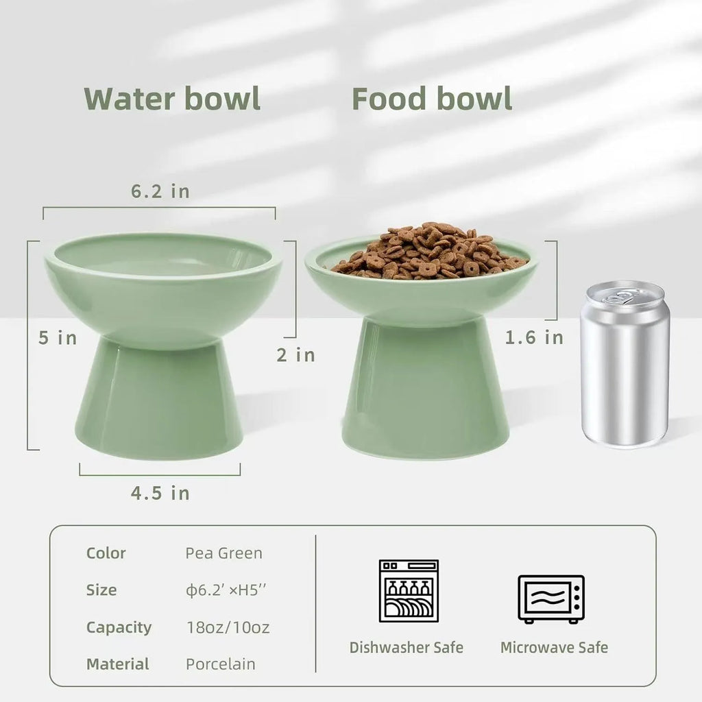 Extra wide ceramic elevated cat food bowl set in blue colour with shallow design