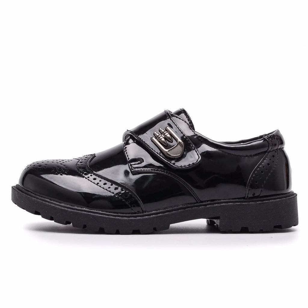 Boys' black shiny microfiber leather shoes with rubber sole round toe