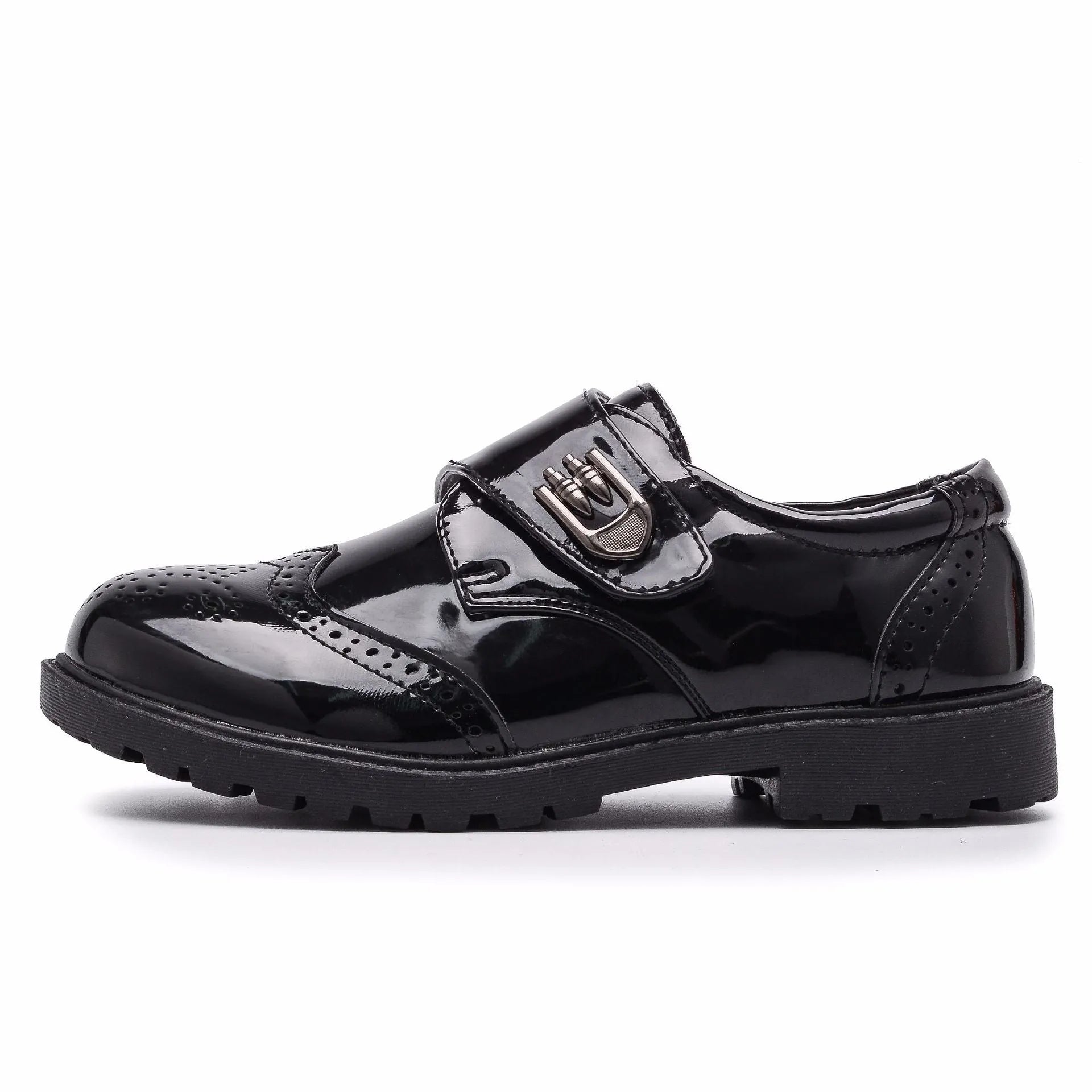 Boys' black shiny microfiber leather shoes with rubber sole round toe