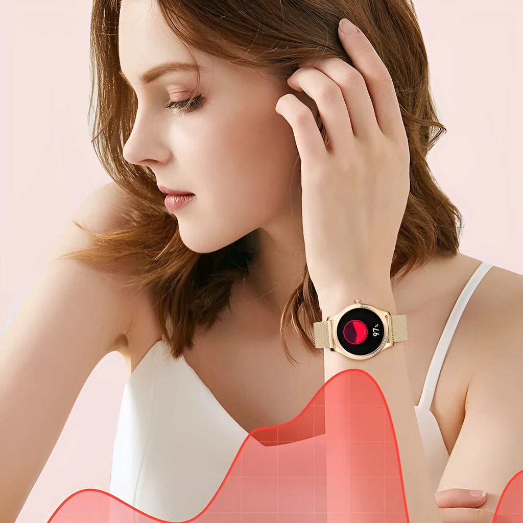 Women's smart watch with Bluetooth calling showing gold Milanese steel strap and TFT colour screen display