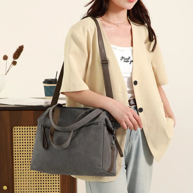 Women's retro canvas shoulder bag in horizontal square shape with multiple compartments