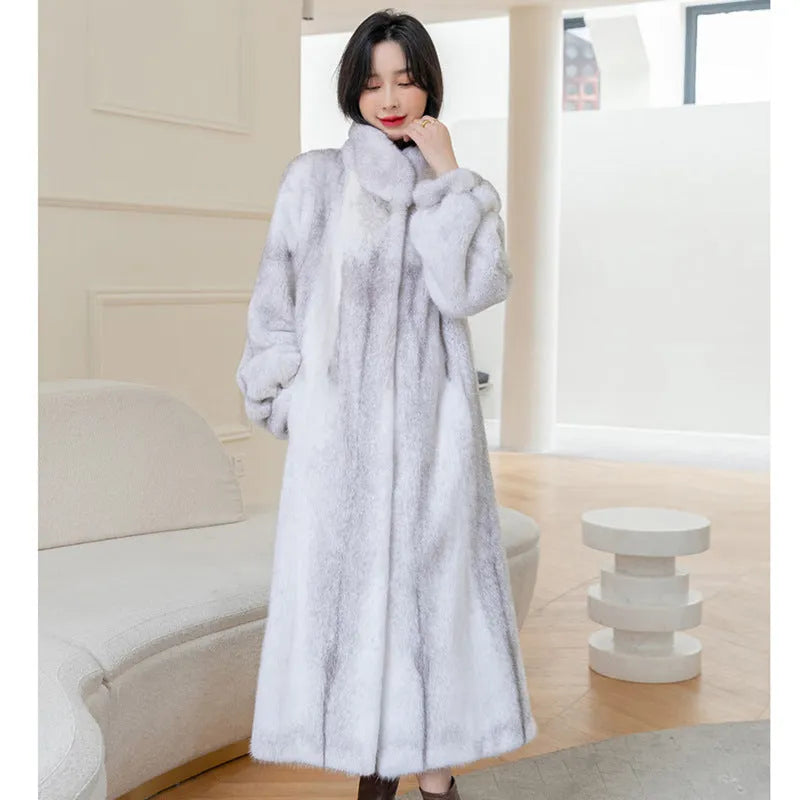 White women's faux fur coat with a stand-up collar, shown at 80cm length.