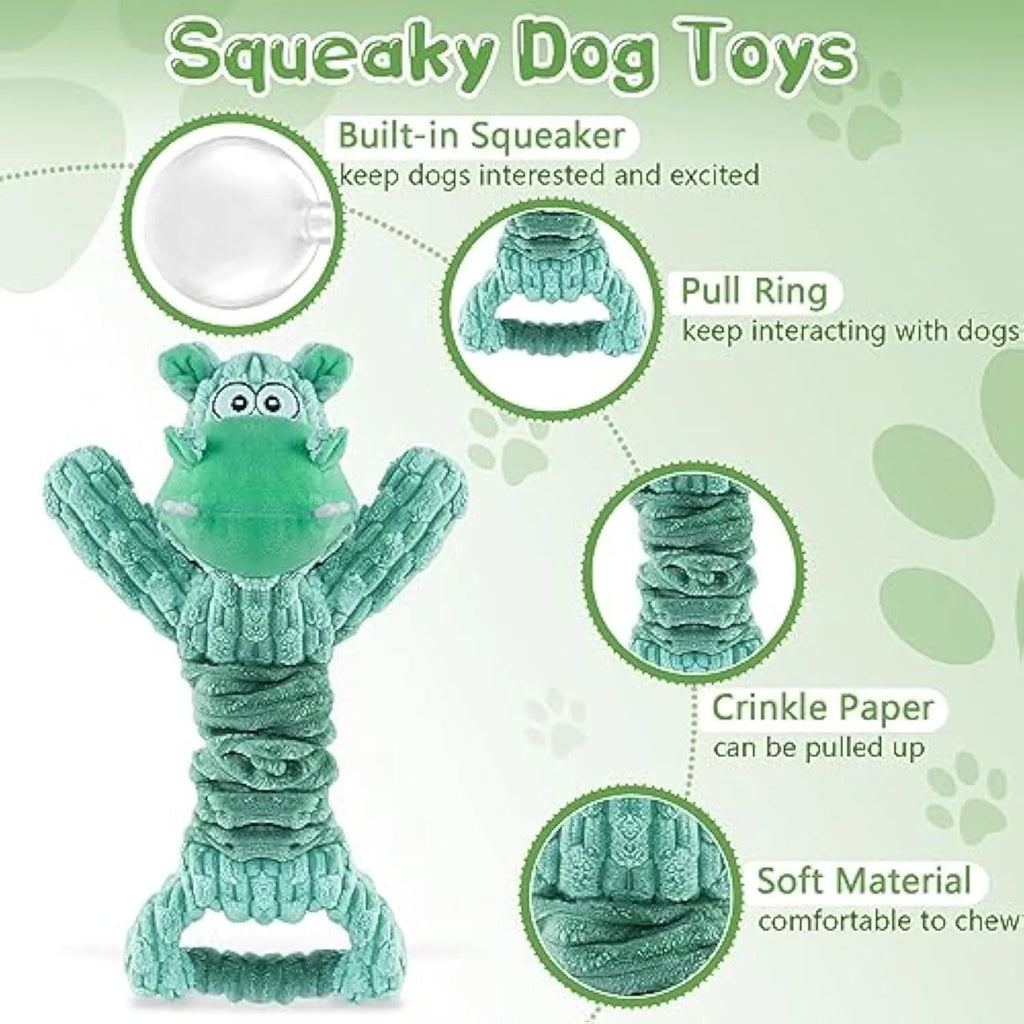 Large green plush hippo dog toy with a handle, shown as an interactive squeaky and crinkle chew toy