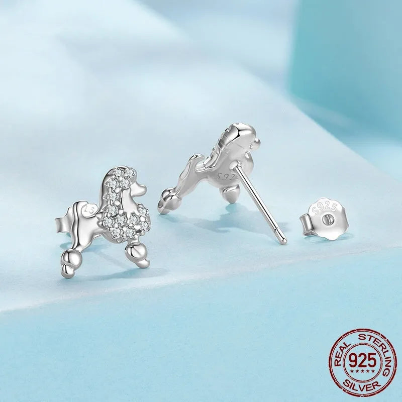 S925 sterling silver mini poodle stud earrings for women with cute dog design