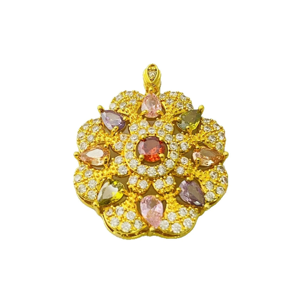 Close-up of a women's floral-shaped colourful zircon pendant necklace in a gold metal setting.