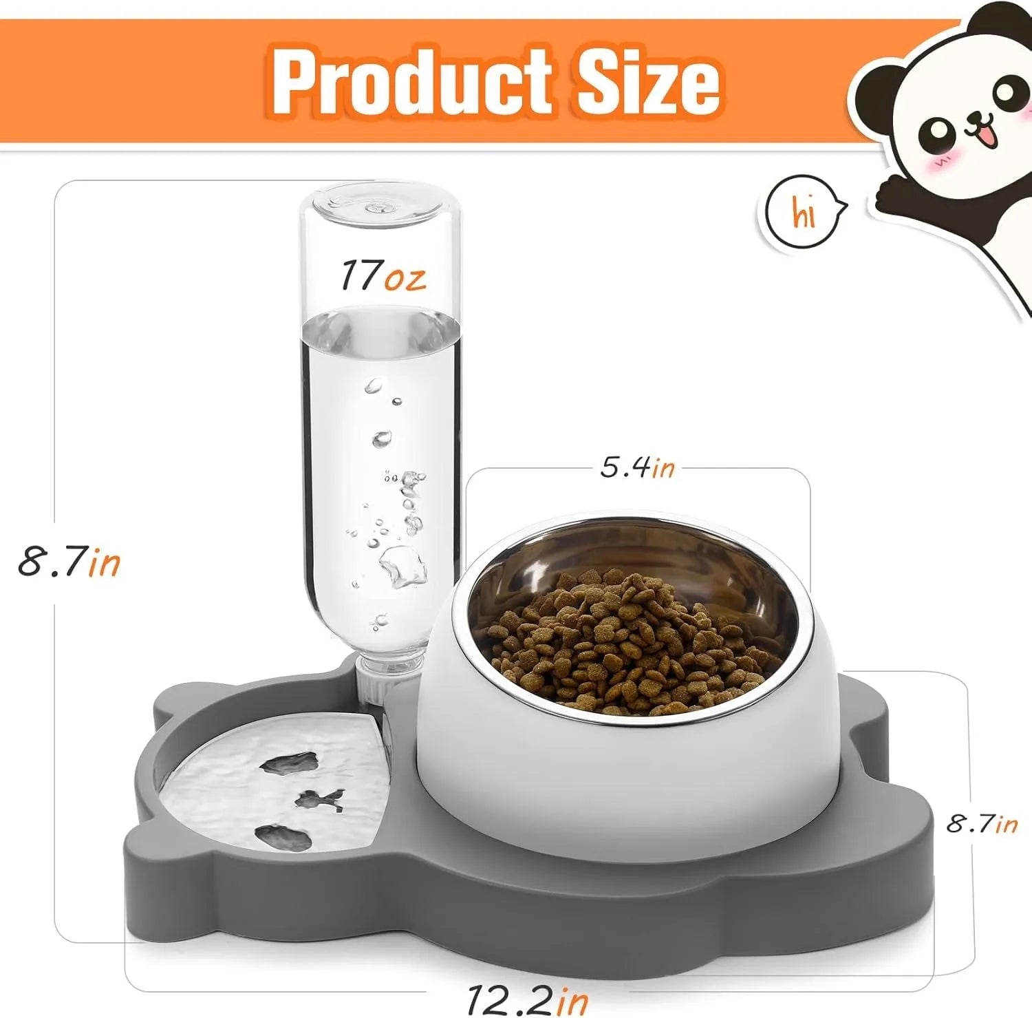 Grey panda-shaped tilted elevated pet feeder with stainless steel bowls and automatic water bottle