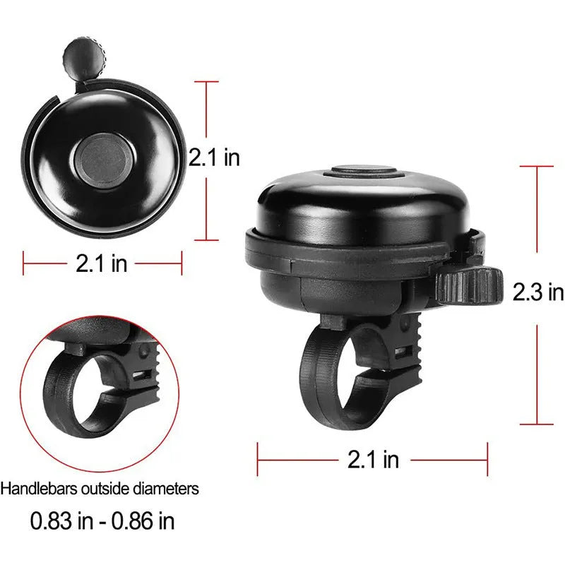 Black ABS plastic bicycle bell with 58mm diameter on a bicycle handlebar