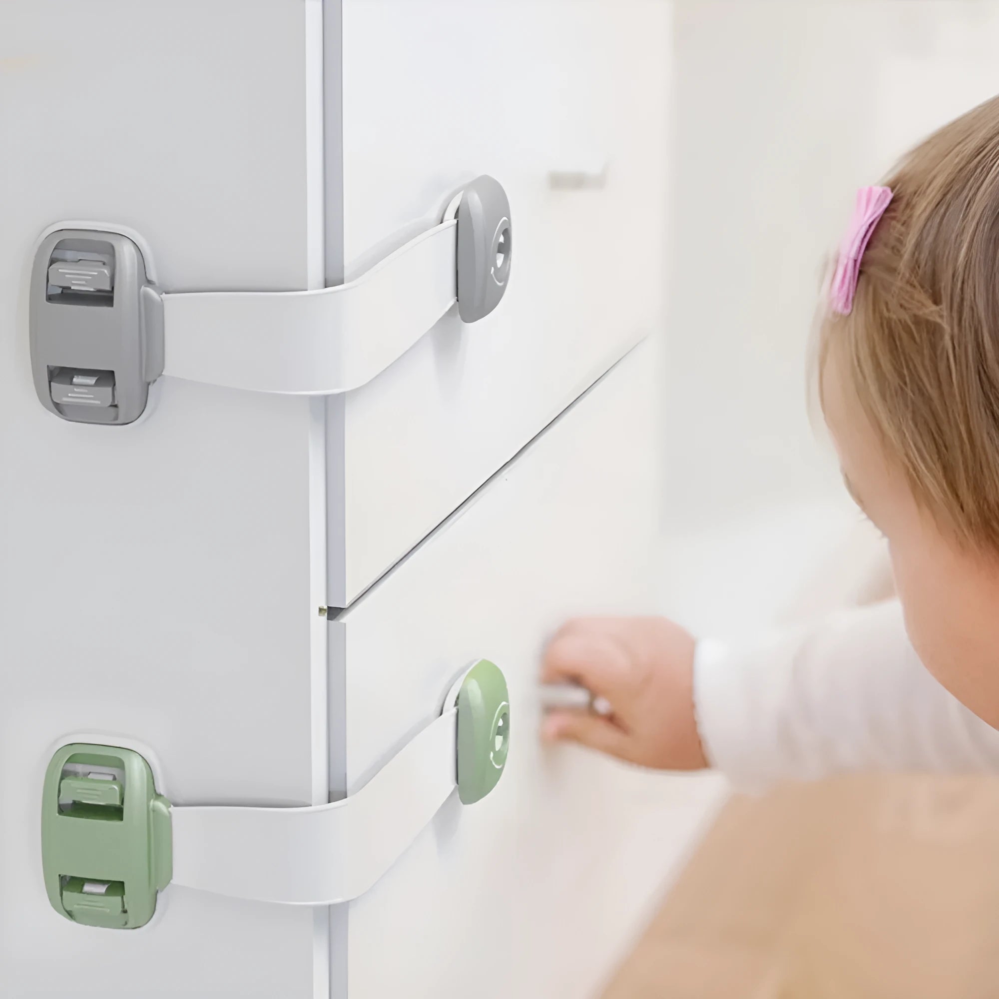 Grey adjustable child safety strap lock with adhesive pads, shown securing a kitchen cabinet door.