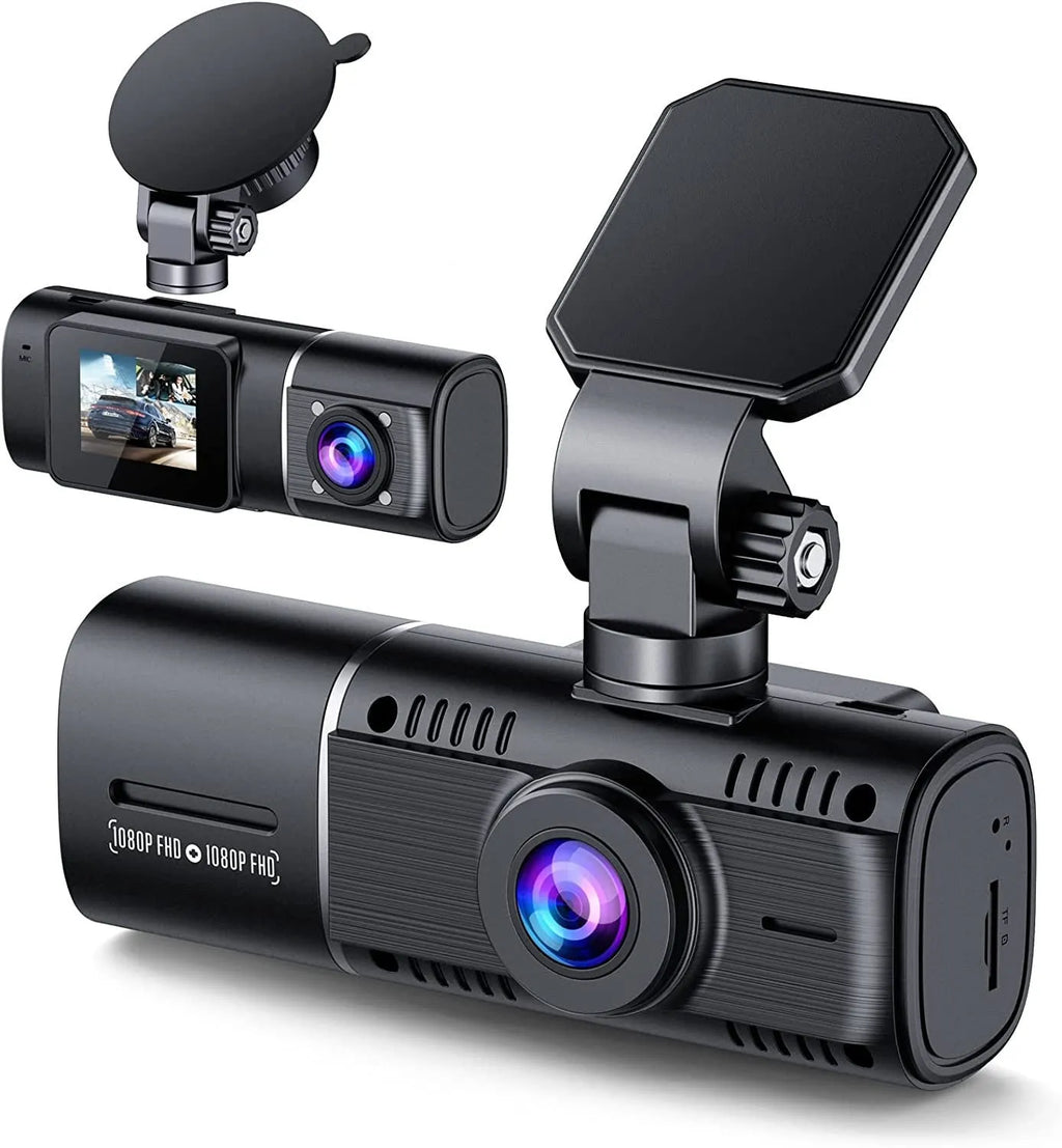 Standard black dash cam for car with 1.5-inch screen, showing front and rear recording capability.