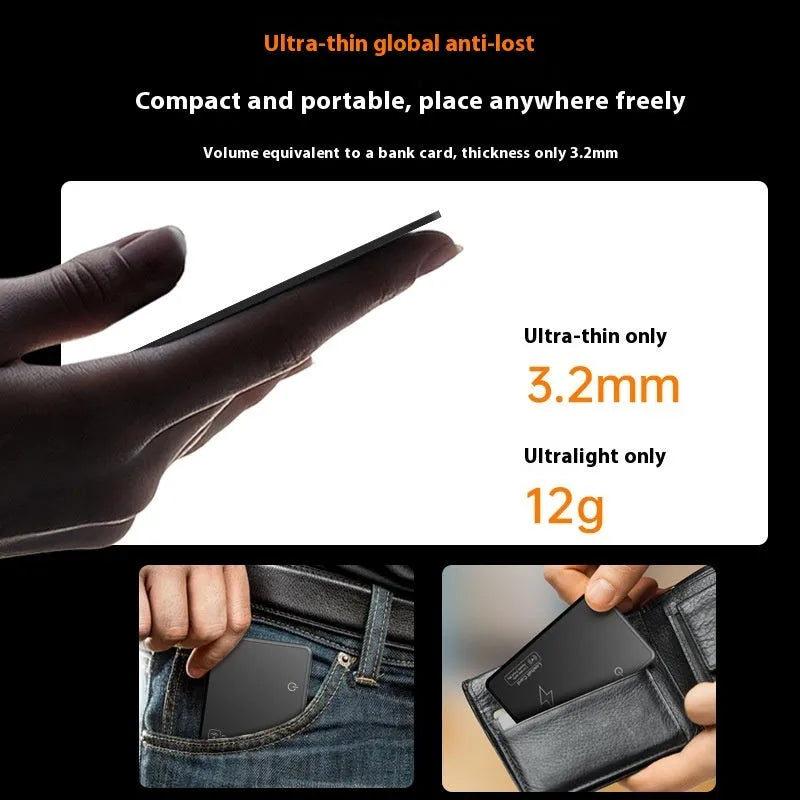 Black slim MFI Findmy Android tracking card with keychain loop, dimensions 84mm by 52mm.