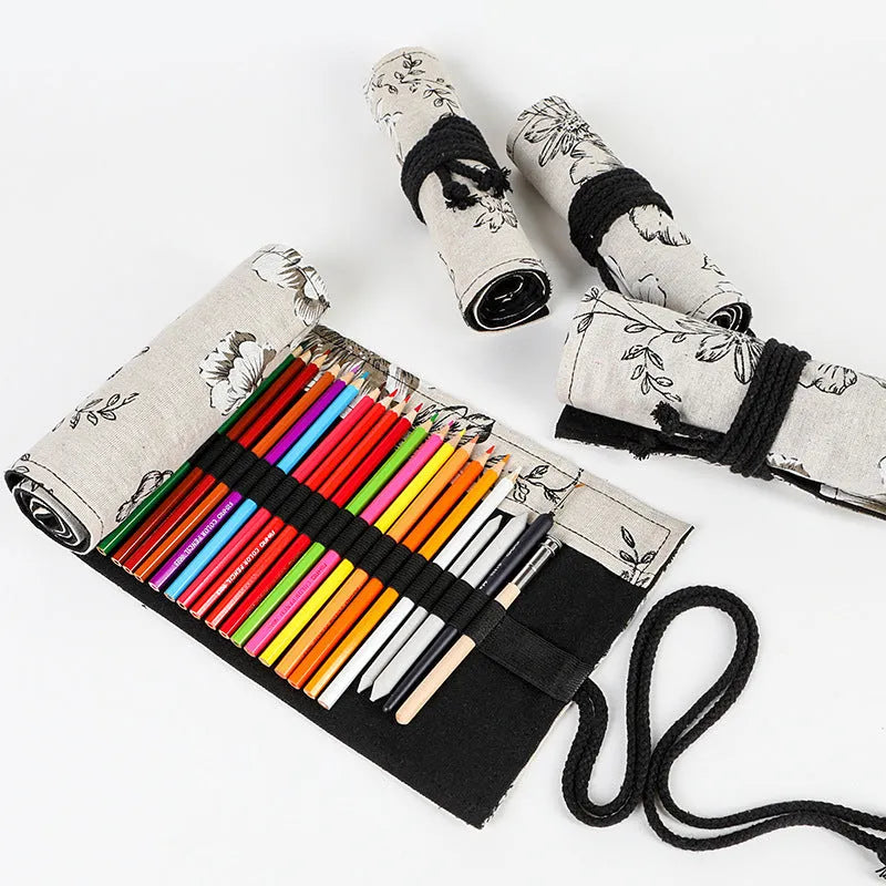 Black Peony printed canvas pencil roll bag unrolled showing 24 holes or 72 holes.